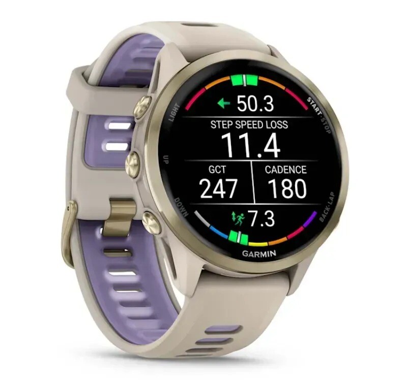 Смарт-годинник Garmin Forerunner 970 French Gray Soft Gold Titanium with French Gray/Translucent Indigo Silicone with Soft Gold Buckle (010-02969-12)