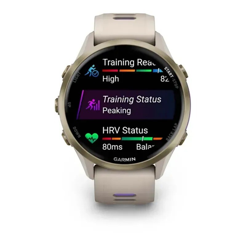 Смарт-годинник Garmin Forerunner 970 French Gray Soft Gold Titanium with French Gray/Translucent Indigo Silicone with Soft Gold Buckle (010-02969-12)