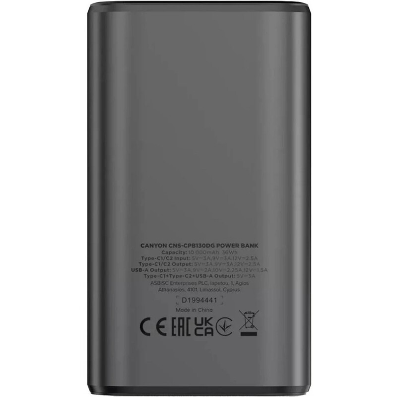 Універсальна мобільна батарея Canyon OnPower 130 10000mAh Dark Grey (CNS-CPB130DG)