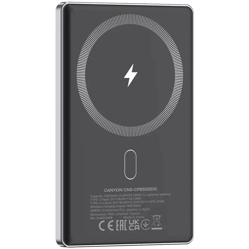 Универсальная мобильная батарея Canyon OnPower 505 Slim Magsafe 5000mAh Dark Grey (CNS-CPB505DG)