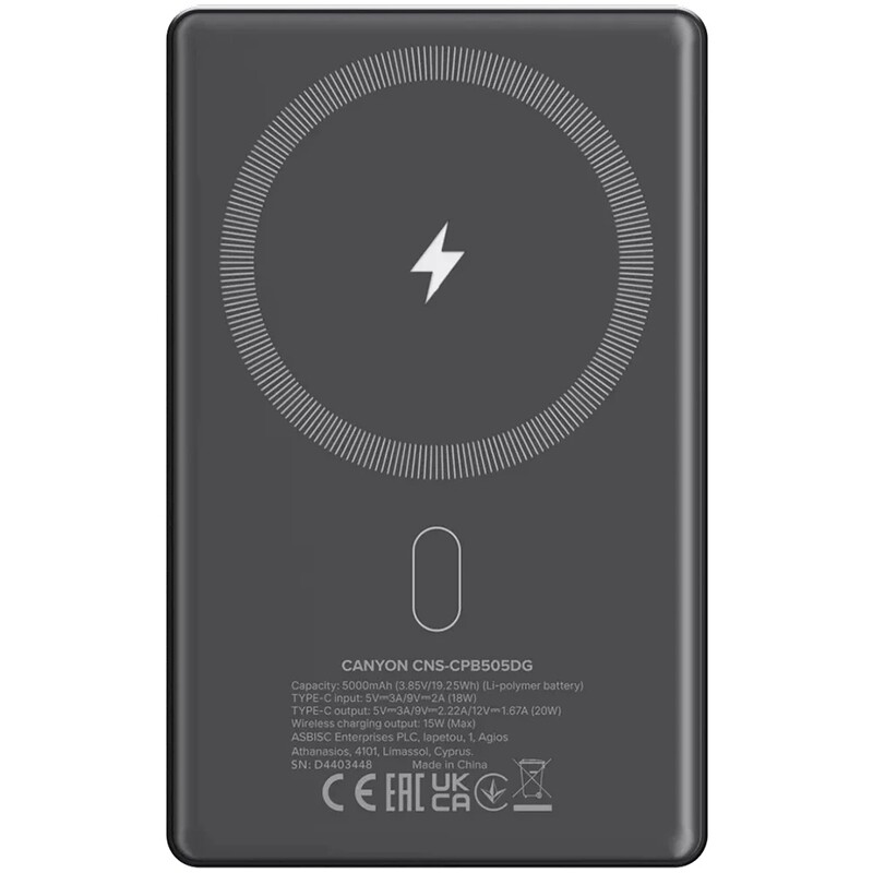 Универсальная мобильная батарея Canyon OnPower 505 Slim Magsafe 5000mAh Dark Grey (CNS-CPB505DG)