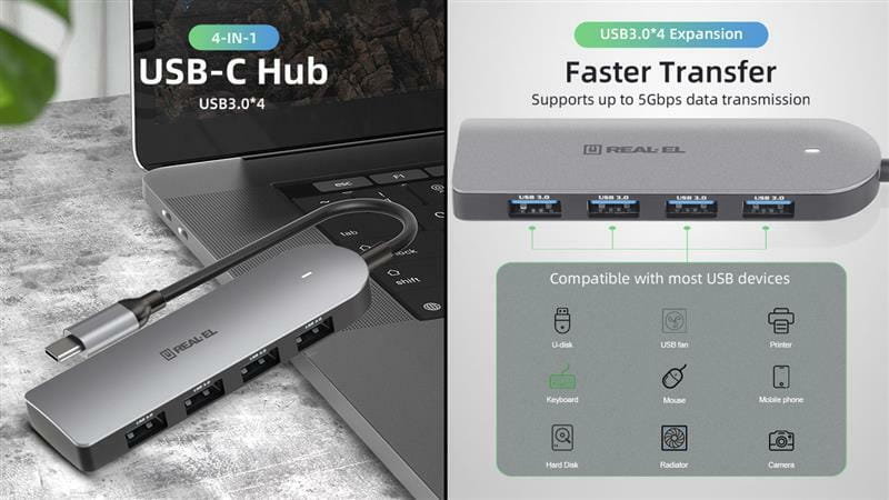 USB-хаб REAL-EL CQ-415 USB Type-C 4-в-1