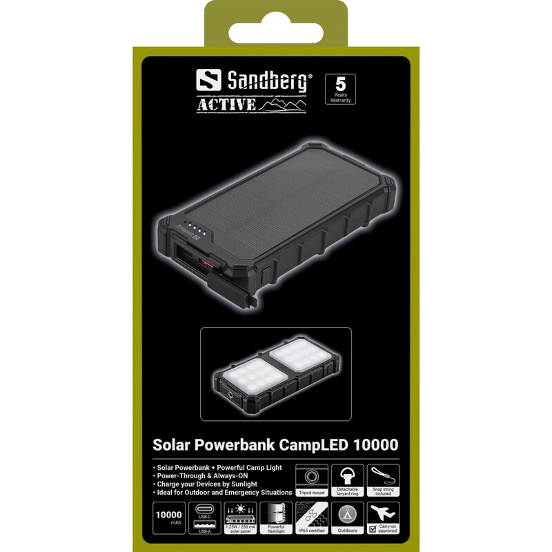 Універсальна мобільна батарея Sandberg Solar Powerbank CampLED 10000mAh 22.5W Black (421-23)