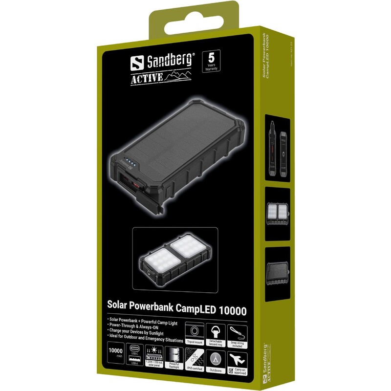 Універсальна мобільна батарея Sandberg Solar Powerbank CampLED 10000mAh 22.5W Black (421-23)