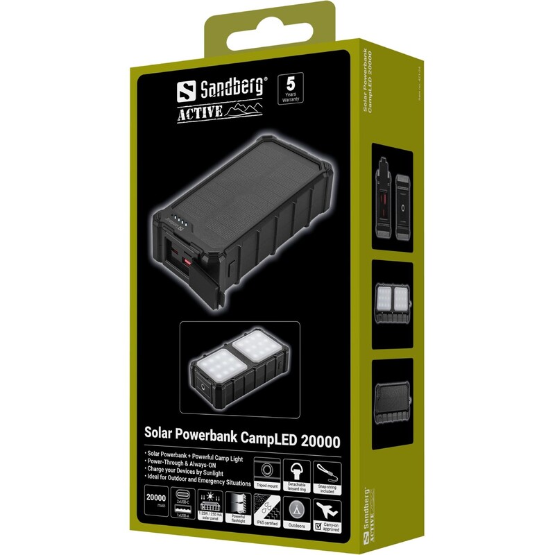 Універсальна мобільна батарея Sandberg Solar Powerbank CampLED 20000mAh 22.5W Black (421-24)