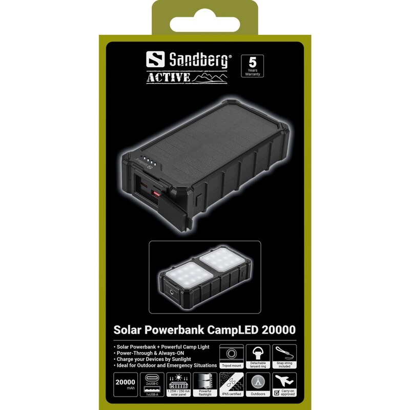 Універсальна мобільна батарея Sandberg Solar Powerbank CampLED 20000mAh 22.5W Black (421-24)