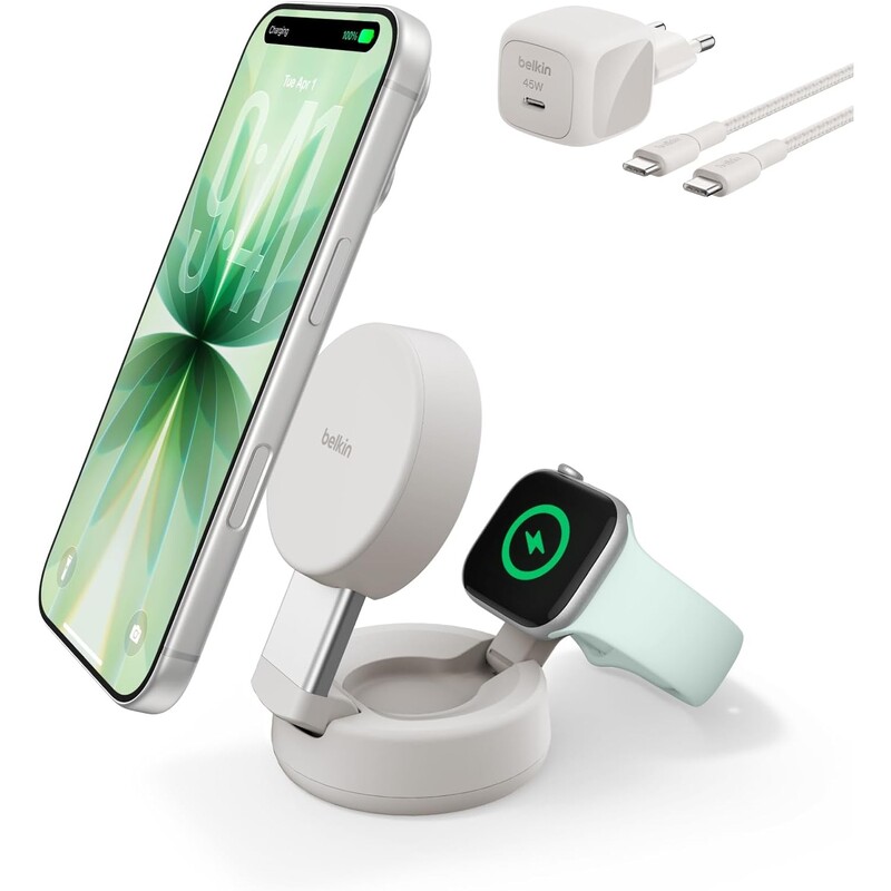 Бездротовий зарядний пристрій Belkin UltraCharge Pro 2в1 Convertible Magnetic Charging Dock 25W, Sand (WIZ043KQSD)