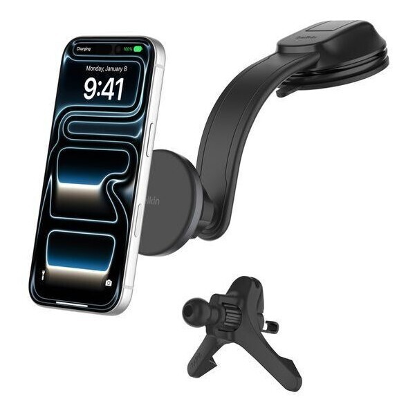 Тримач автомобільний Belkin Qi2 з бездротовою зарядкою (дефлектор/панель) + USB-C 27Вт (WIC012HQBK)
