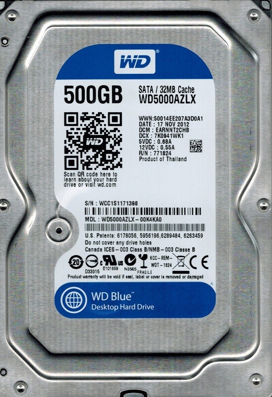 Накопитель HDD SATA 500GB WD Blue 7200rpm 32MB (WD5000AZLX) Refurbished