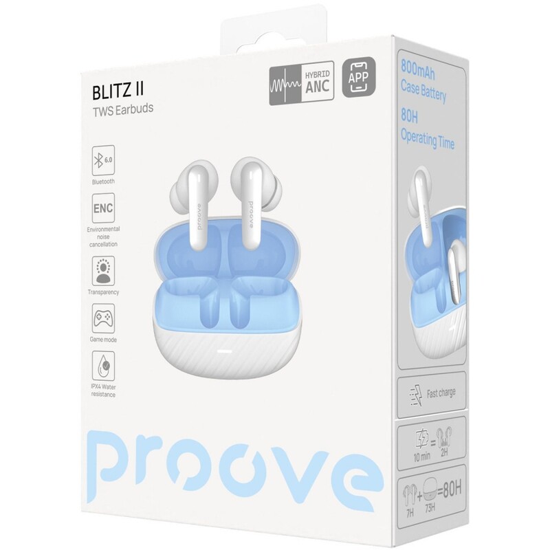 Bluetooth-гарнитура Proove Blitz II TWS with Hybrid ANC (APP) White/Blue (TWBL2001AP21)