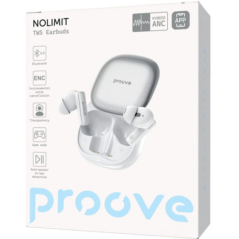 Bluetooth-гарнітура Proove NoLimit TWS with Hybrid ANC (APP) White/Silver (TWNL0001AP26)