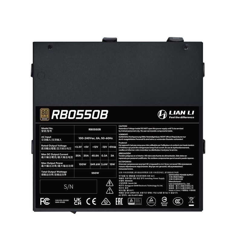 Блок питания Lian Li RB0550B, 80 Plus Bronze, Black, EU Cord (G9P.RB0550B.B000.EU)
