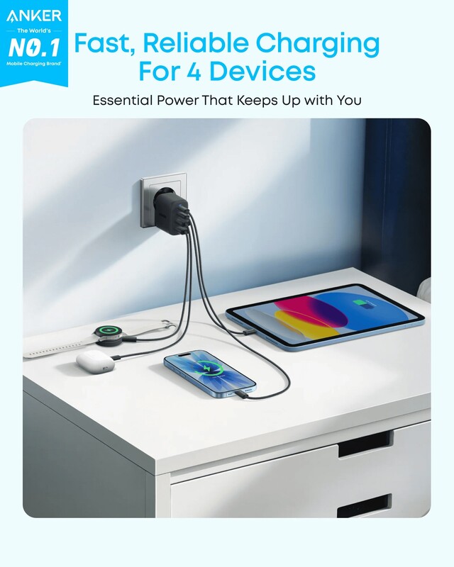 Сетевое зарядное устройство Anker Zolo Charger 50W, 2xUSB-C, 2xUSB-A, Black (A121EG11)
