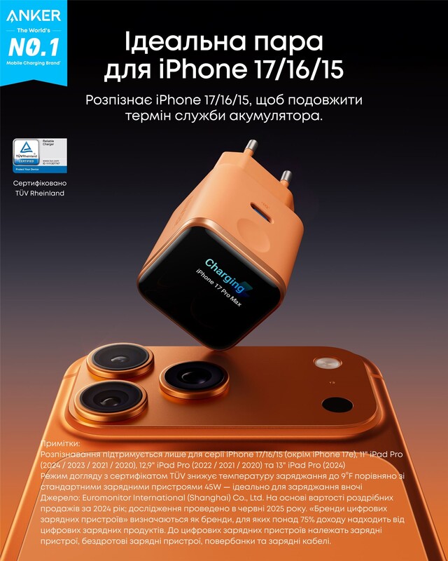 Сетевое зарядное устройство Anker Nano Charger 45W USB-C Smart Display Orange (A121DGO1)