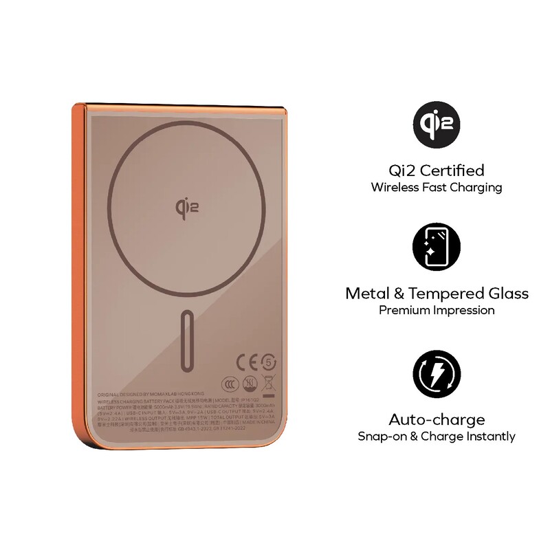 Универсальная мобильная батарея Momax 1-Power S.Pass Qi2 5000mAh 20W Solar Orange (IP161Q2M)