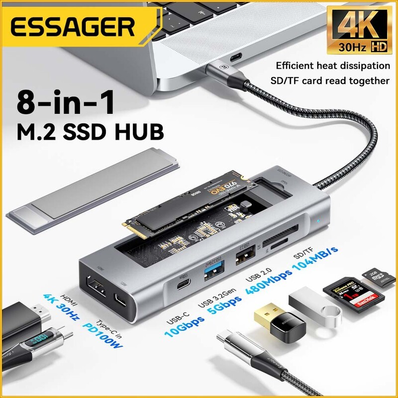 USB-хаб Essager 8 in 1 USB-C Hub with 10Gbps M.2 NVMe SSD Enclosure (EHB08-QK0G-Z)
