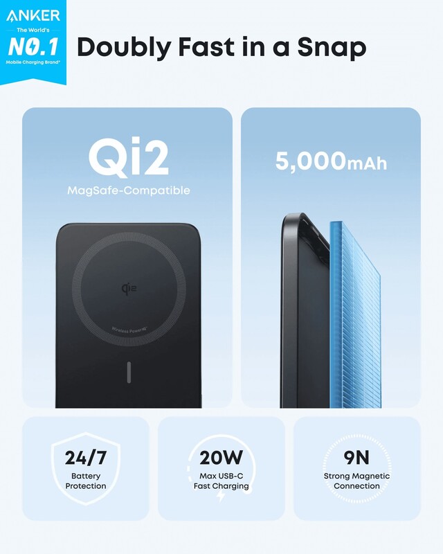 Універсальна мобільна батарея Anker Nano MagGo Slim 5000mAh 20W Black (A1665H11)