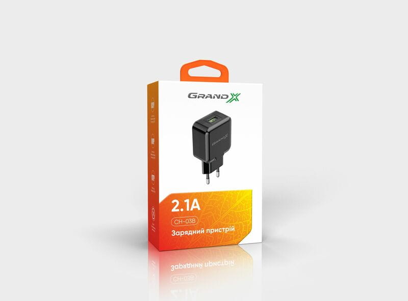 Сетевое зарядное устройство Grand-X (1xUSB 5В/2.1А) Black (CH-03B)
