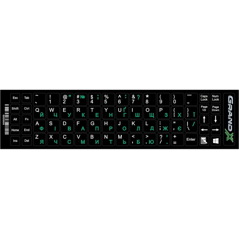 Наліпки на клавіатуру Grand-X 68 keys Green, Latin Ukr White (GXDGUA)