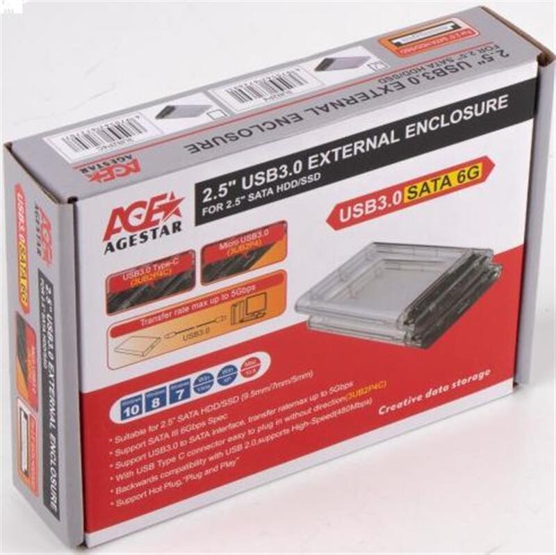 Внешний карман USB3.0 для HDD/SSD SATA 2.5" AgeStar 3UB2P4 Transparent
