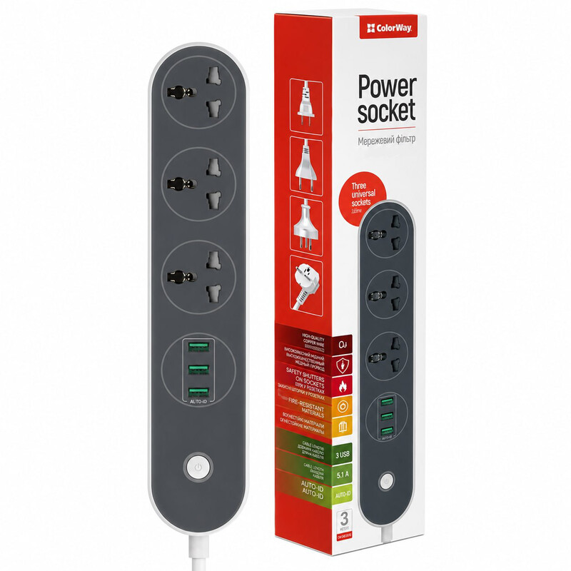 Фильтр питания СolorWay (CW-CHU33B) 3 розетки, 3xUSB, 1.8м, Black