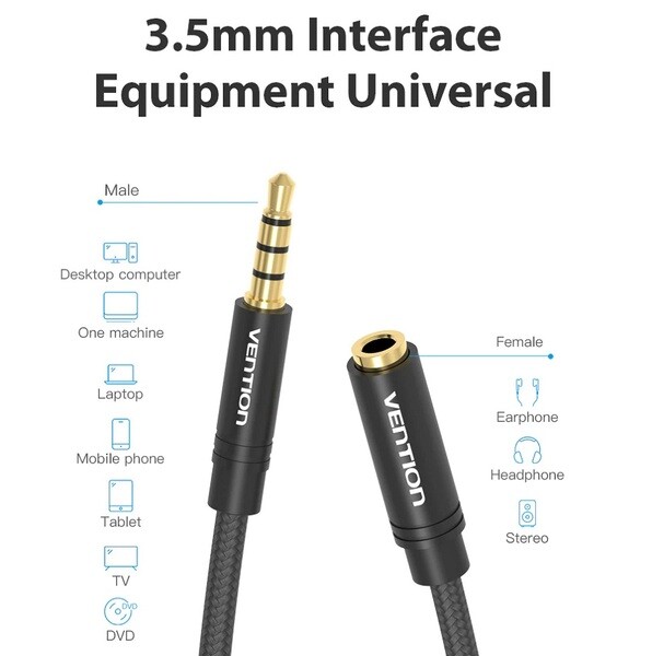 Кабель Vention Audio 3.5 мм - 3.5 мм (М/F), 2 м, черный (VAB-B06-B200-M)
