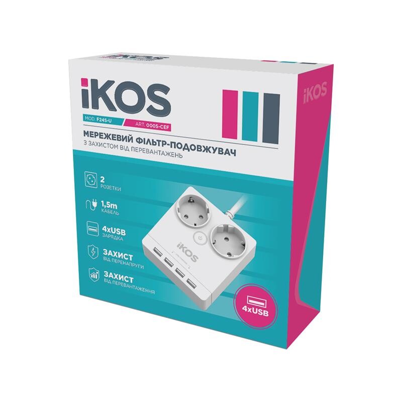 Сетевой фильтр-удлинитель IKOS F24S-U White (0005-CEF)