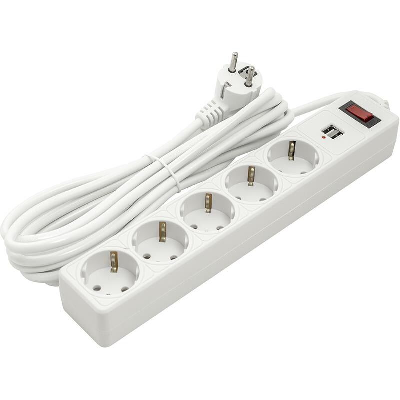 Фильтр питания PowerPlant JY-1056U/5 (PPSA10M50S5U) 5 розеток, 2xUSB 2.1A, 5 м, евростандарт, белый