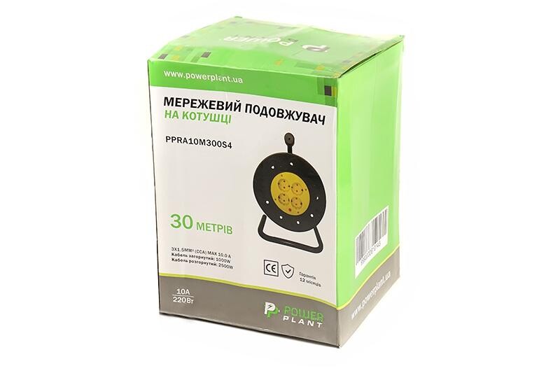 Удлинитель на катушке PowerPlant JY-2002/30 (PPRA10M300S4) 4 розетки, 30 м, черно-желтый