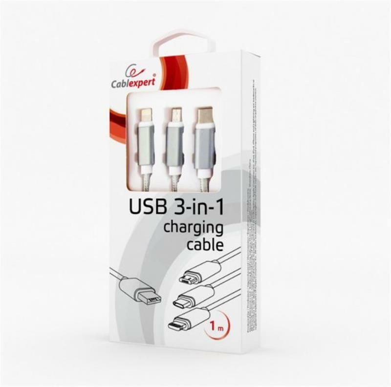 Кабель Cablexpert USB - Lightning + micro USB + USB Type-C (M/M), 1 м, серебристый (CC-USB2-AM31-1M-S)