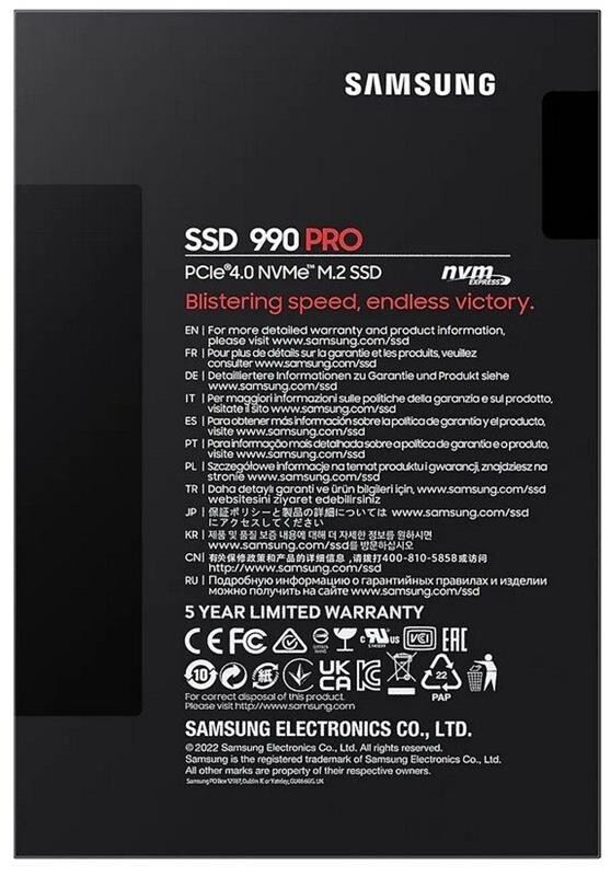 Накопитель SSD 1ТB Samsung 990 PRO M.2 2280 PCIe 4.0 x4 NVMe V-NAND TLC (MZ-V9P1T0BW)