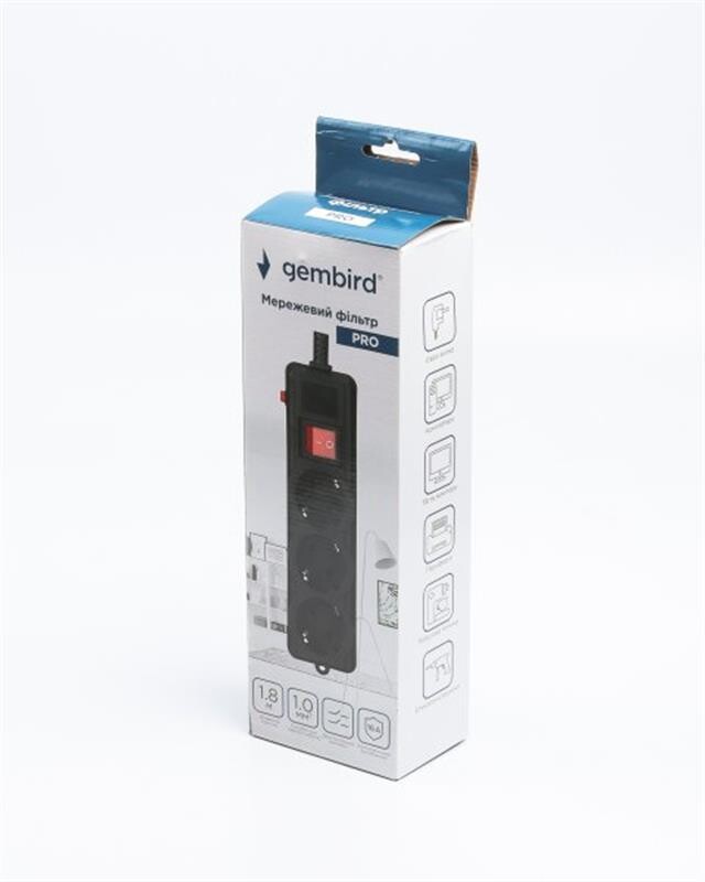 Фильтр питания Gembird Pro (SPG3-G-6B-PRO) 3 розетки, 1.8м, черный