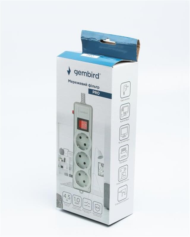 Фильтр питания Gembird Pro (SPG3-G-15G-PRO) 3 розетки, 4.5м, серый