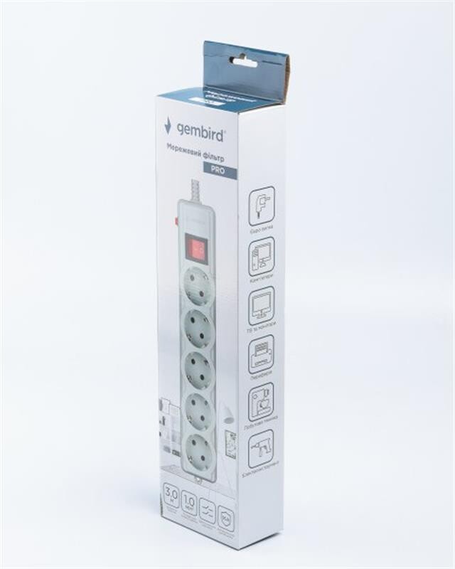 Фильтр питания Gembird Pro (SPG5-G-10G-PRO) 5 розеток, 3м, серый