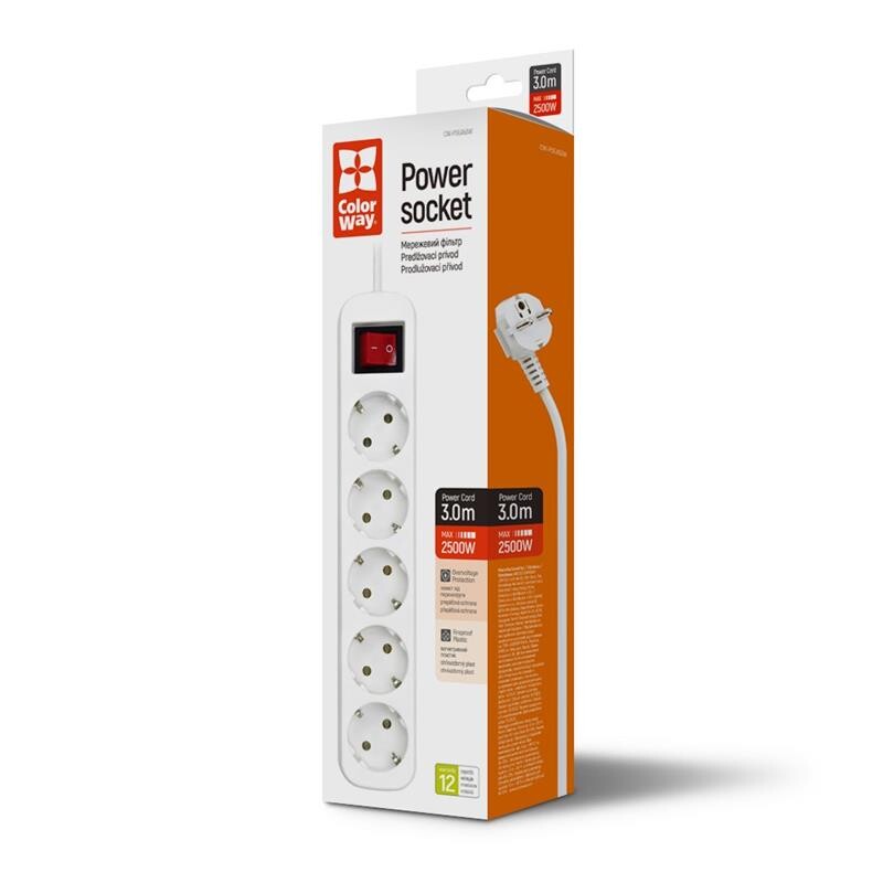 Фильтр питания СolorWay (CW-PSEA53W) 5 розеток, 3м, White